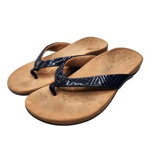 Vionic Jen Patent Leather Thong Sandals Blue Orthopedic‎ Flip Flops Womens 8.5